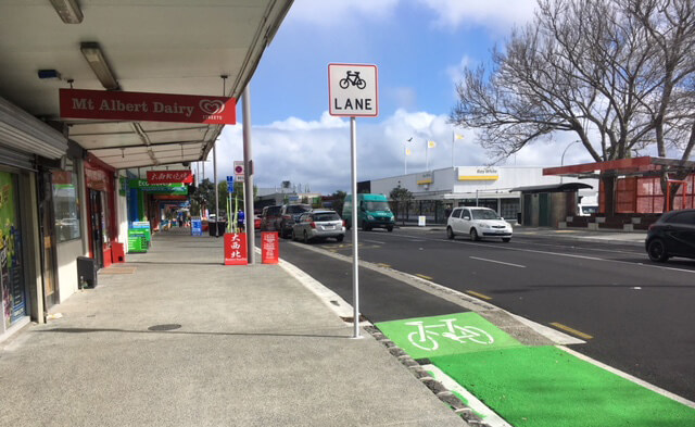 Mt Albert village scene after the upgrade Wide footpaths of Mt Albert town centre